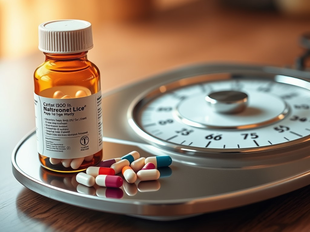 Prescription pill bottle and white capsules on a bathroom scale, symbolizing weight loss medication