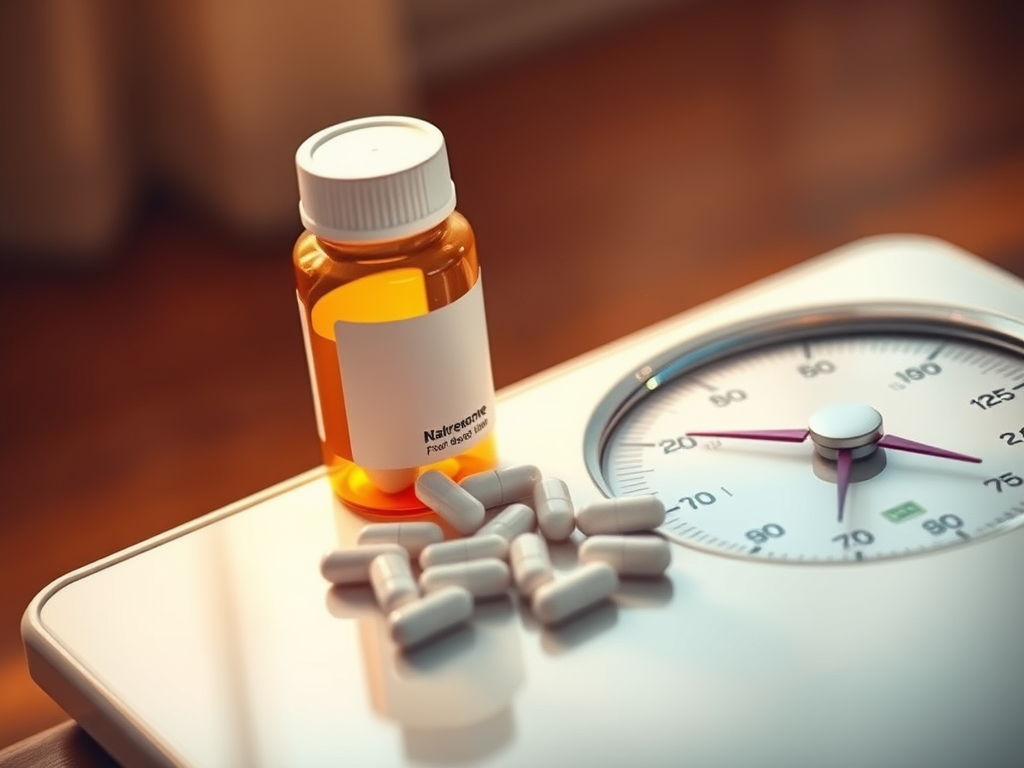 Prescription pill bottle and white capsules on a bathroom scale, symbolizing weight loss medication