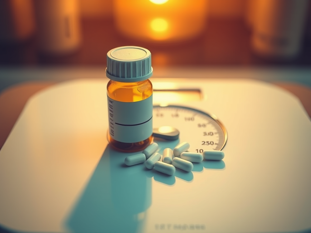 Prescription pill bottle and scattered capsules on a weighing scale, symbolizing medical weight loss treatment