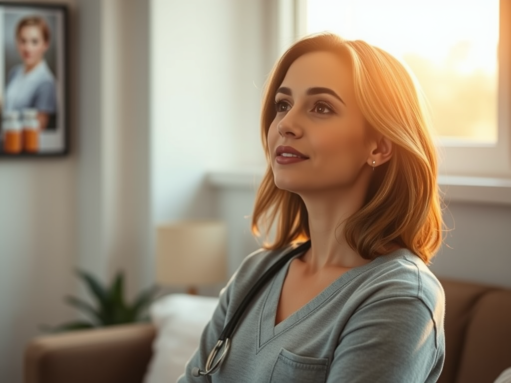 Smiling woman in medical scrubs with a stethoscope, looking hopeful in a warmly lit room.