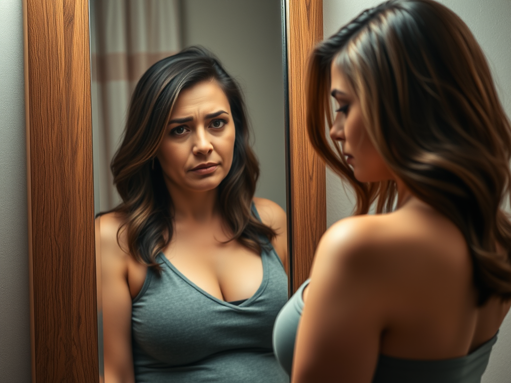 A woman in a gray tank top looking at her reflection in the mirror with a serious and contemplative expression in a softly lit room.