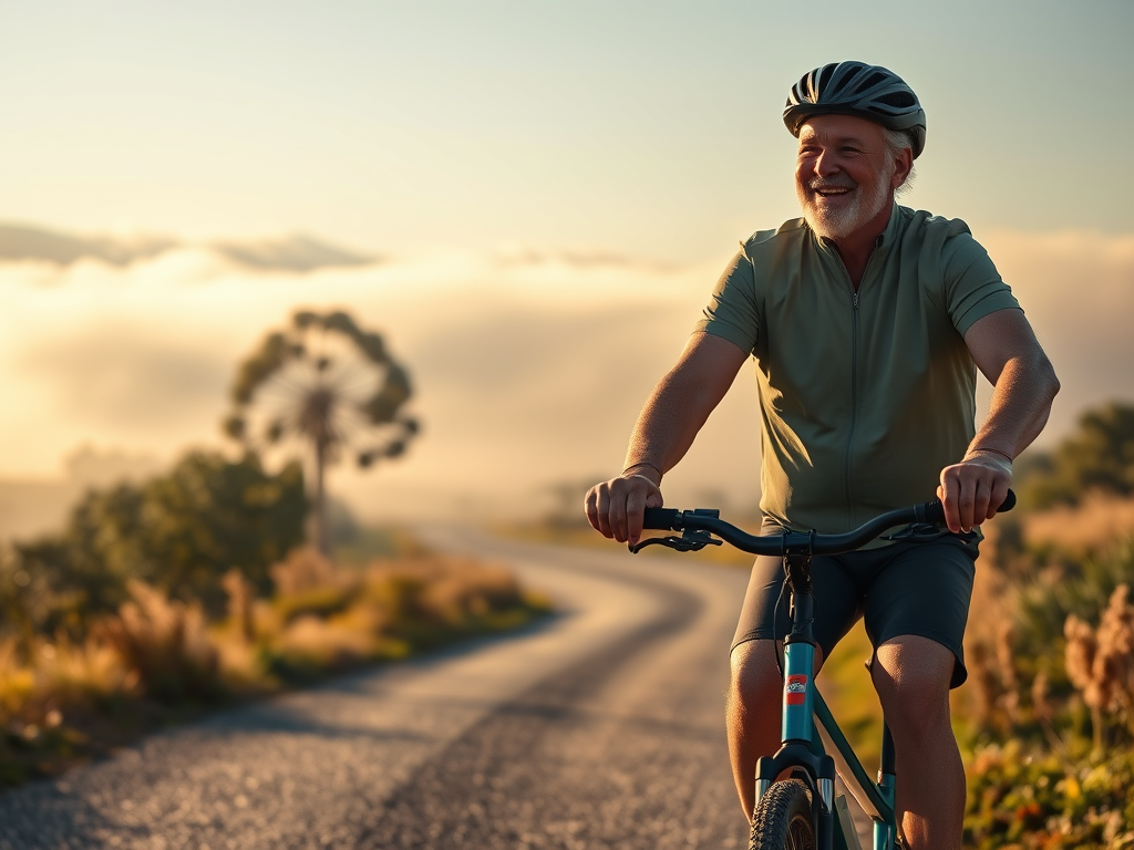 Smiling older man wearing a helmet, cycling on a winding road with a scenic sunrise in the background