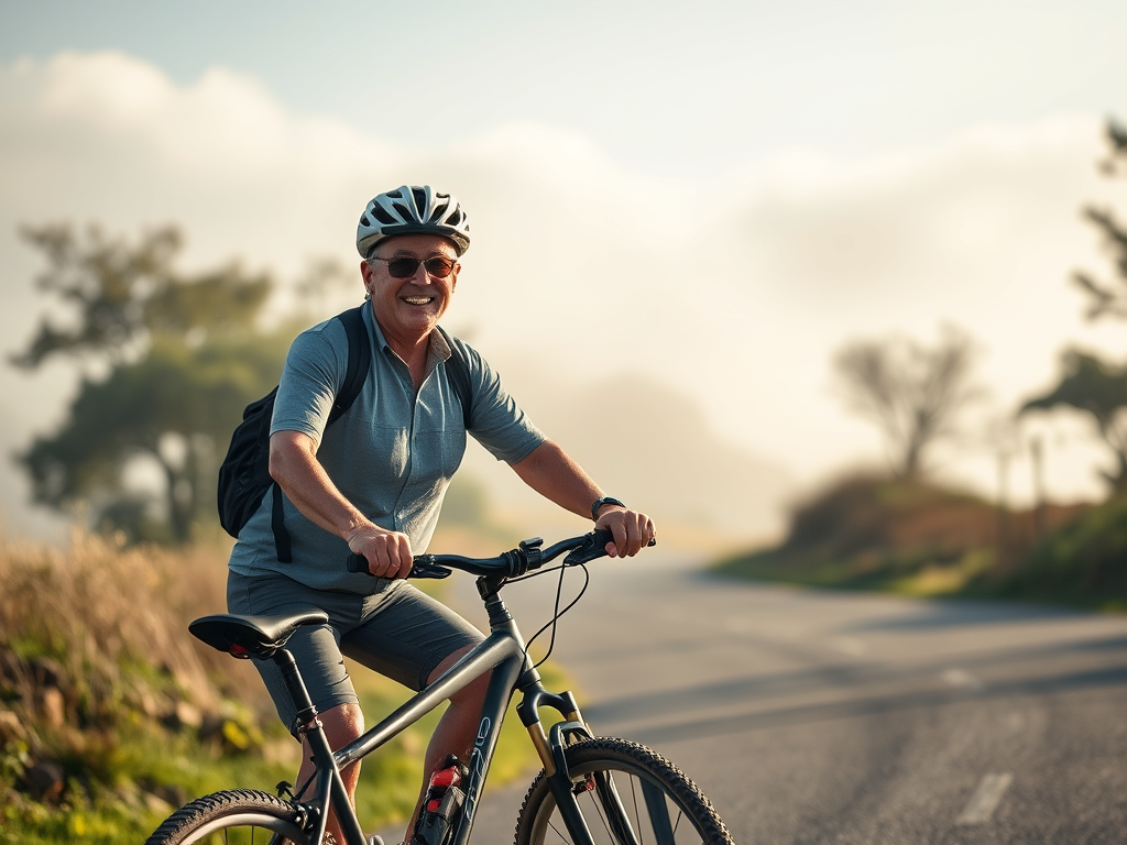 Smiling older man wearing a helmet and sunglasses, standing with his bicycle on a scenic rural road during a misty morning