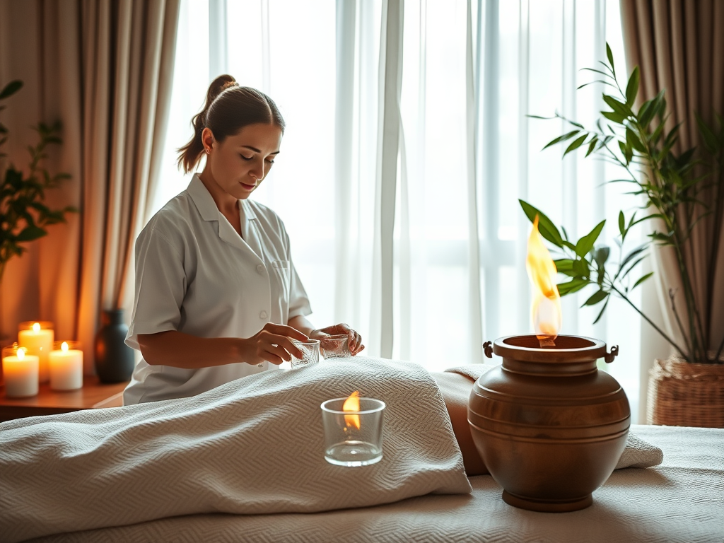 Wellness practitioner preparing for a fire cupping therapy session in a tranquil, spa-like setting.