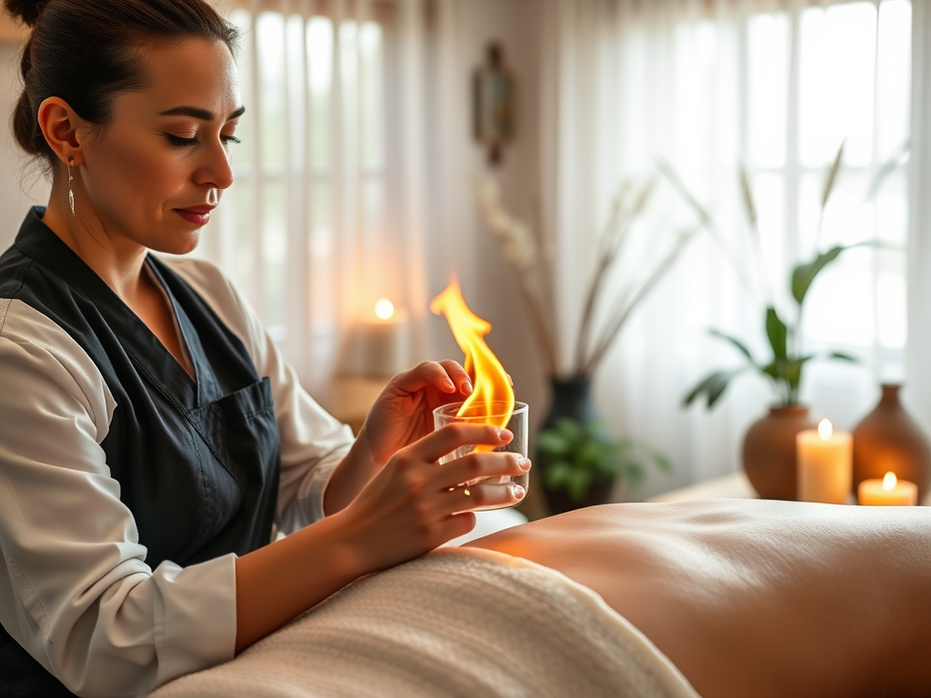 Therapist performing fire cupping therapy in a calm, spa-like environment.