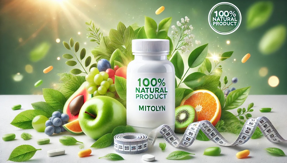 Advertisement for Mitolyn weight loss supplement showing bottle.